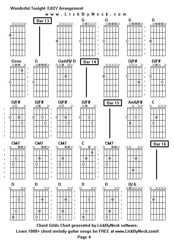 Chord Grids Chart of chord melody fingerstyle guitar song-Wonderful Tonight- EASY Arrangement,generated by LickByNeck software.